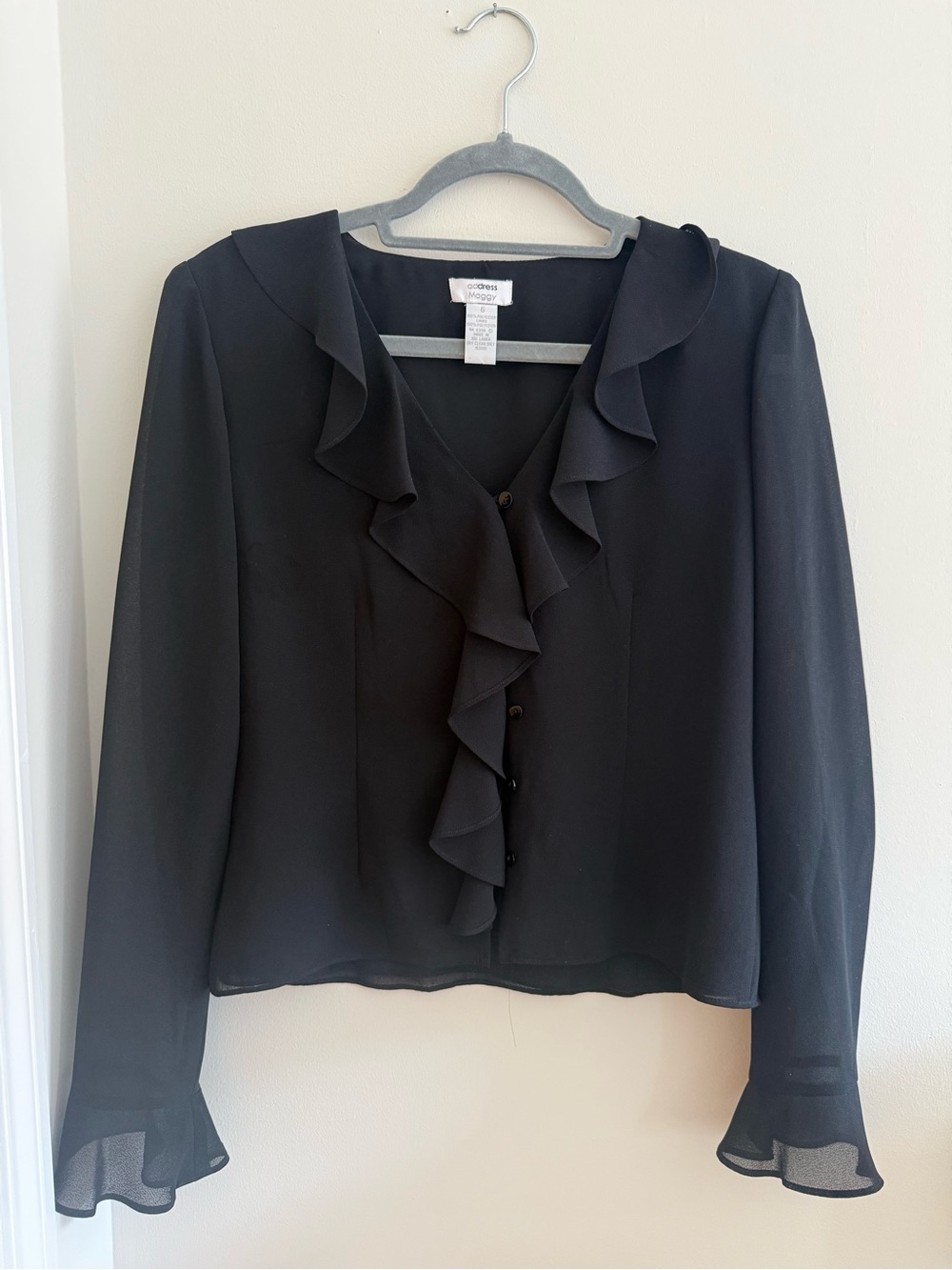 Black Ruffle-Front Long Sleeve Blouse